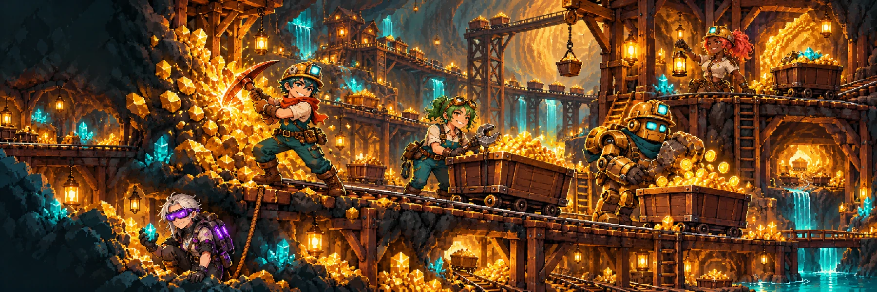多位原创像素数字矿工在金色矿道协作，矿车沿轨道运输黄金矿石